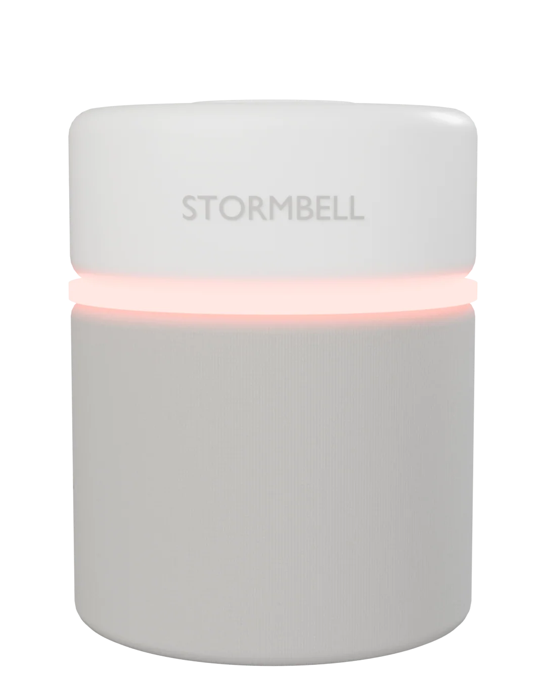 The Stormbell bedside alarm with its status ring lit red during a tornado warning.